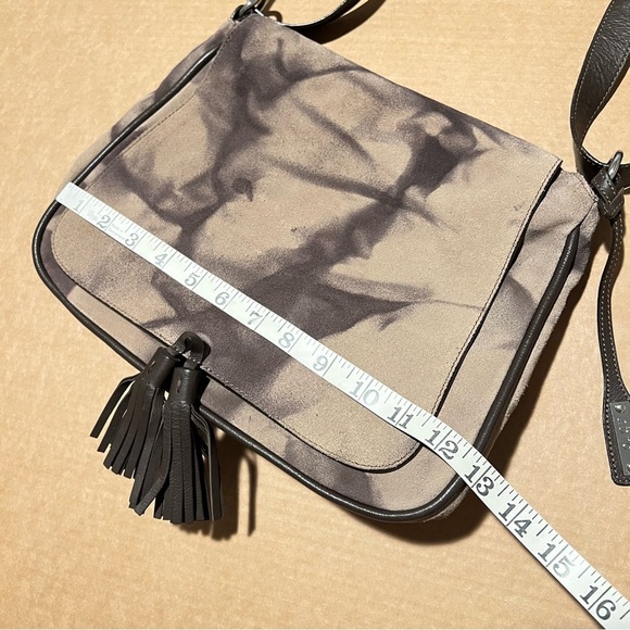 ABRO suede leather abstract print saddle bag, brown and tan, adjustable strap - Picture 11 of 12